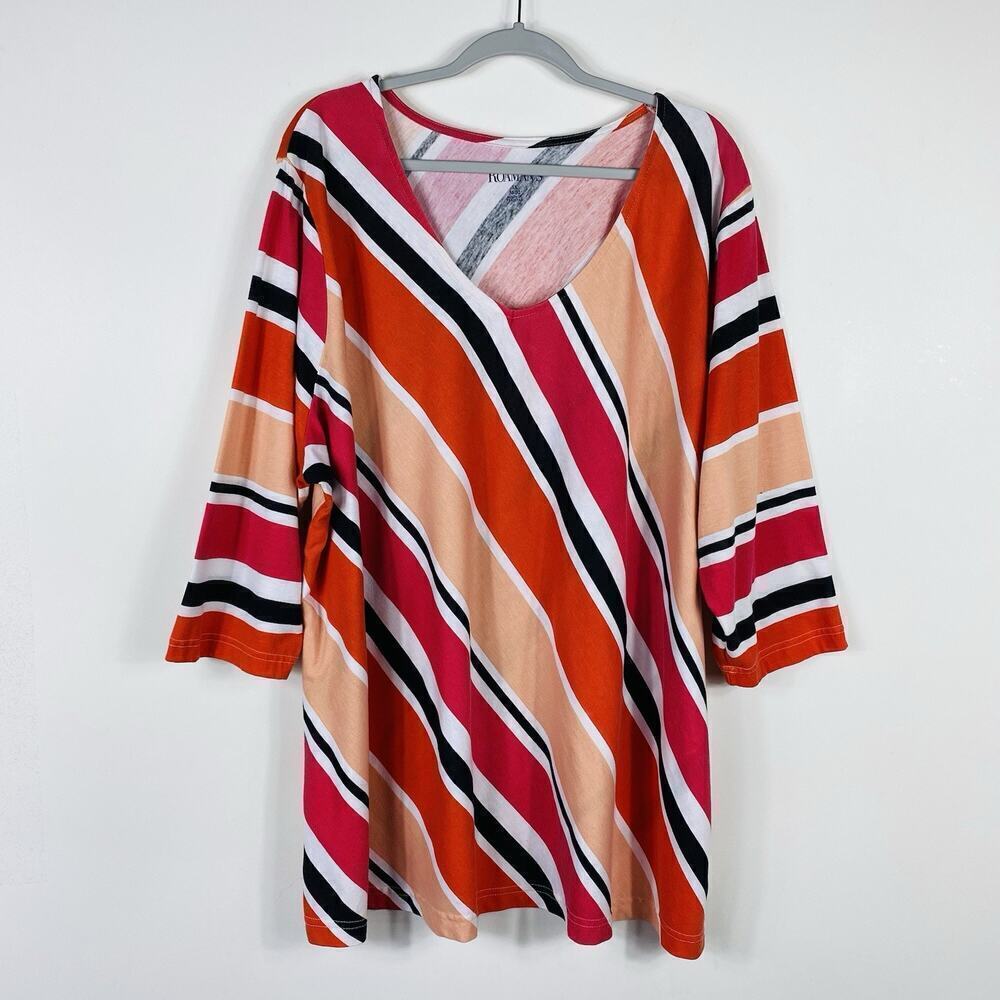 Roaman's Plus Size 30 32 Diagonal Stripe 3/4 Sleeve V-Neck Tee Top Cotton Blend